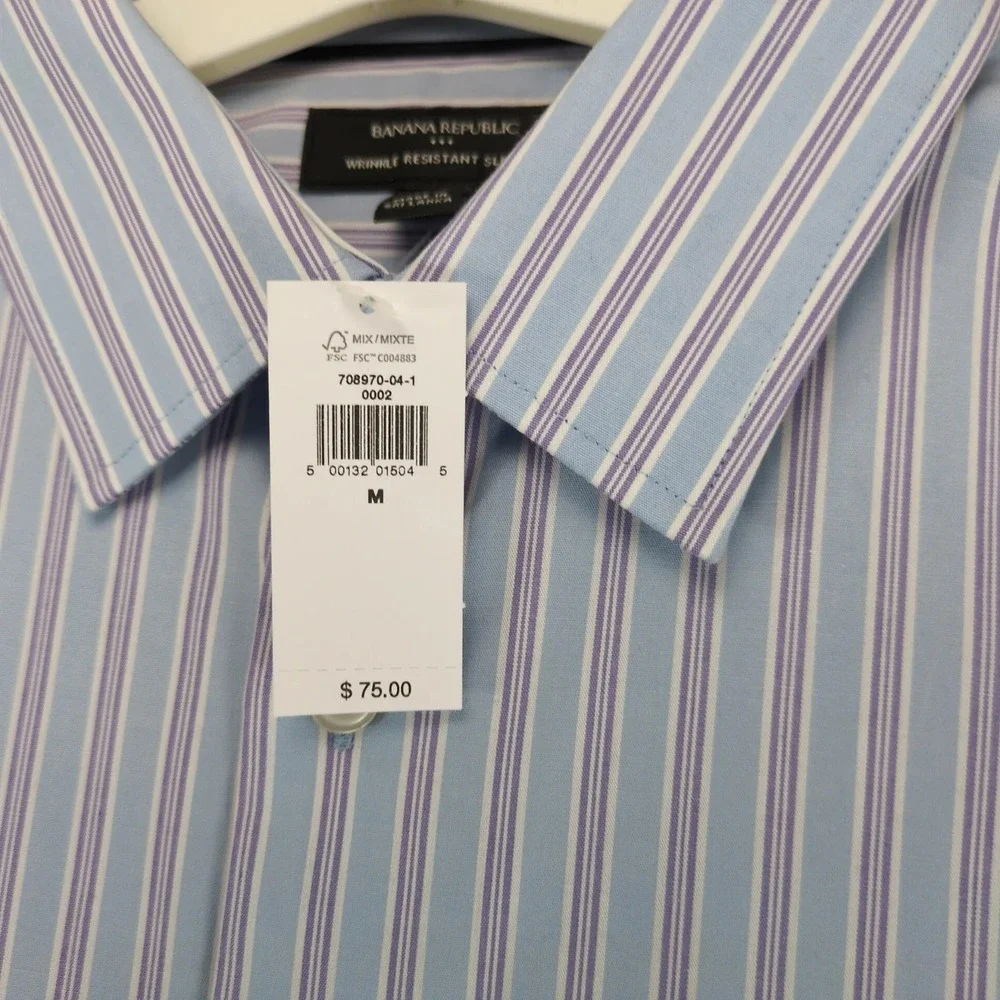 NWT Banana Republic Dress Shirt Mens M Blue Striped Slim‎ Fit Wrinkle Resistant